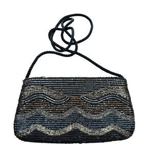 Beaded evening bag dressy 1990’s black satin gold beads dressy shoulderbag purse